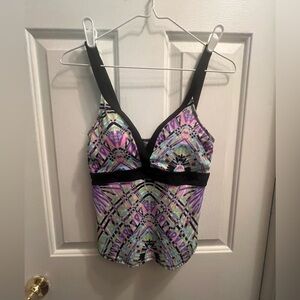 Purple and Green One Piece Swimwear with Geometric Floral Design